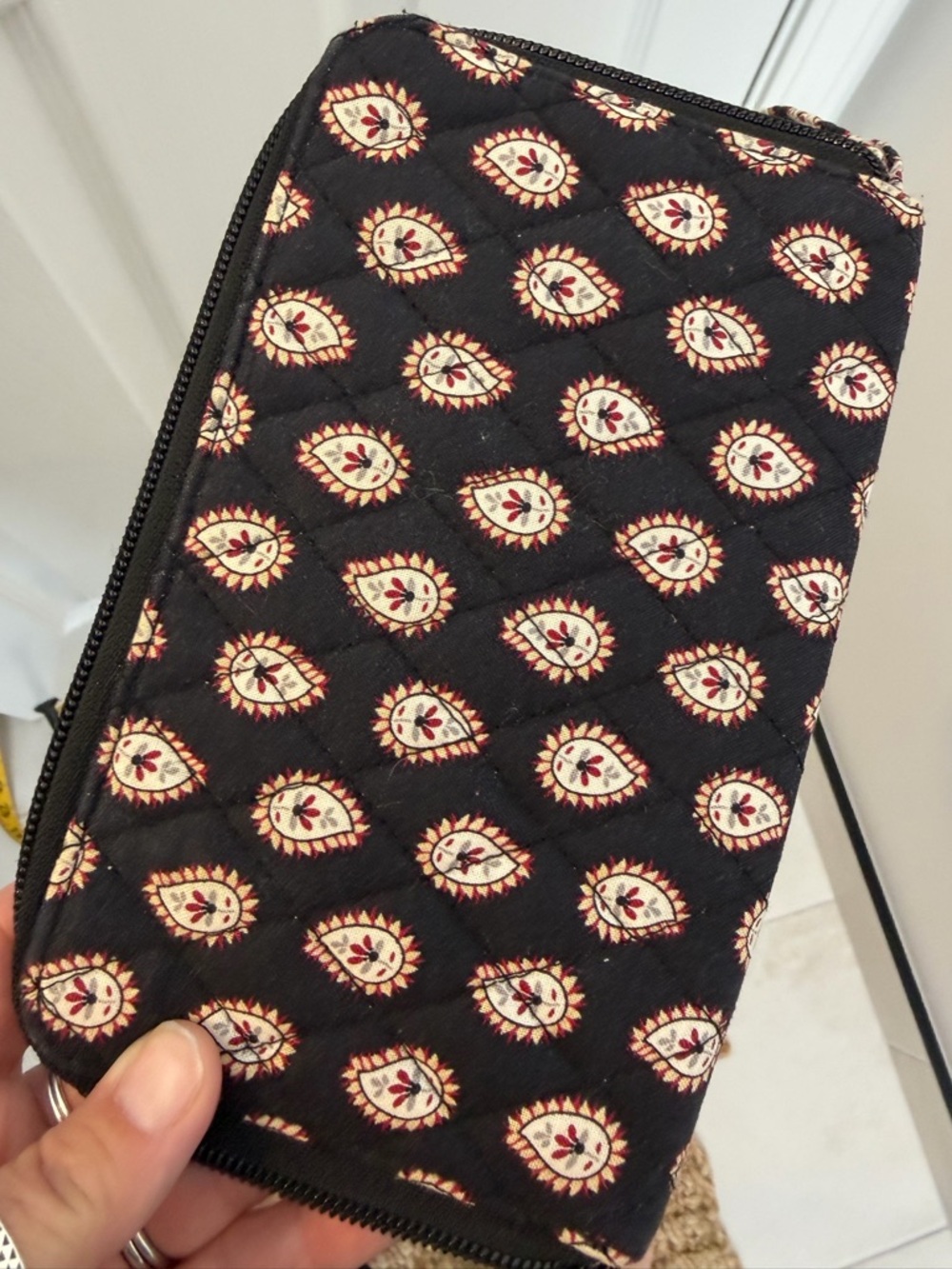 Vera Bradley Black Quilted Zip Wallet with Cream and Red Paisley Motif